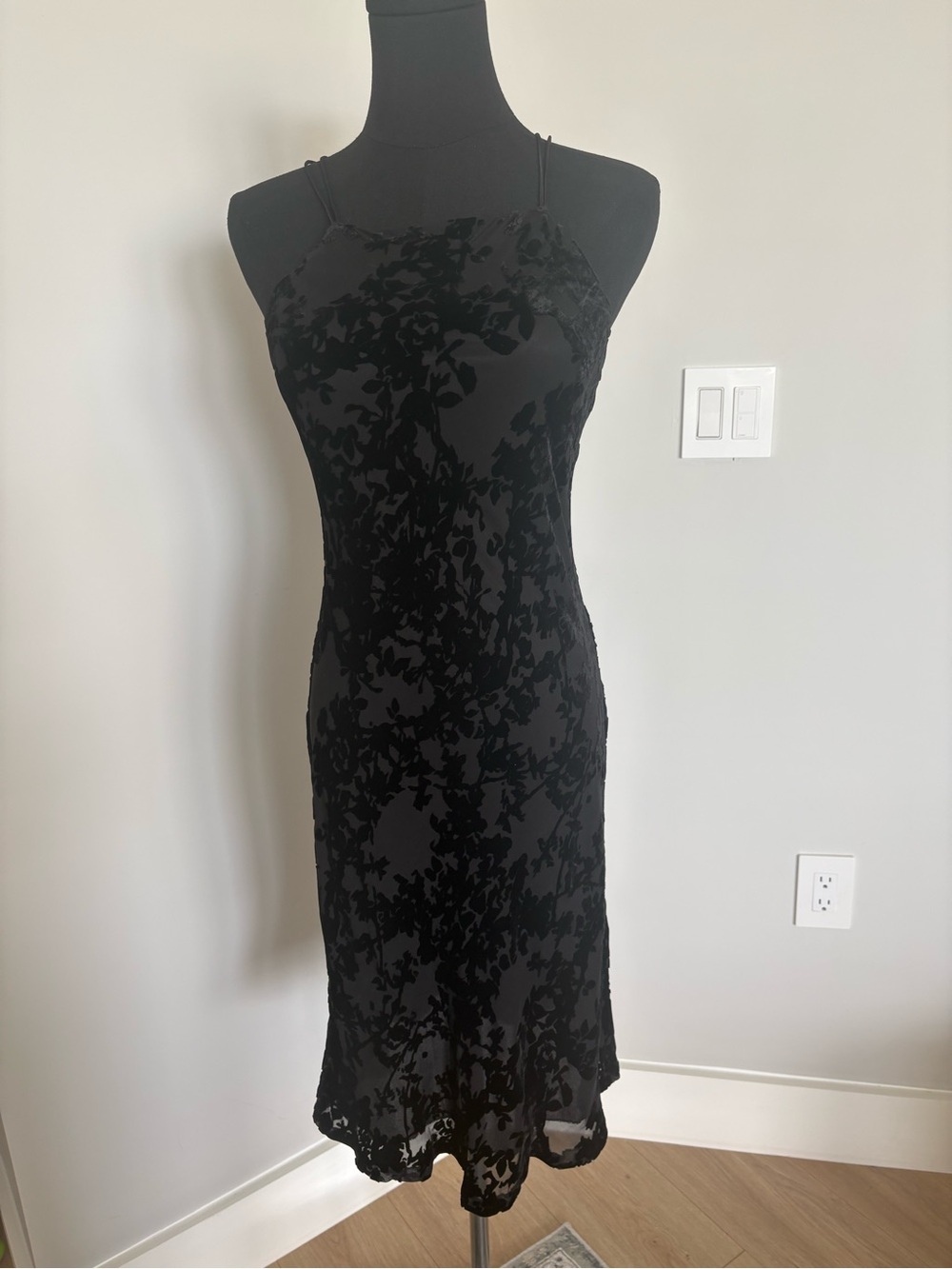 Express Black Floral Velvet Slip Midi Dress